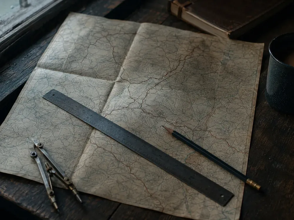 Carte routière pliée sur une table en bois, avec une règle métallique, un compas et un crayon