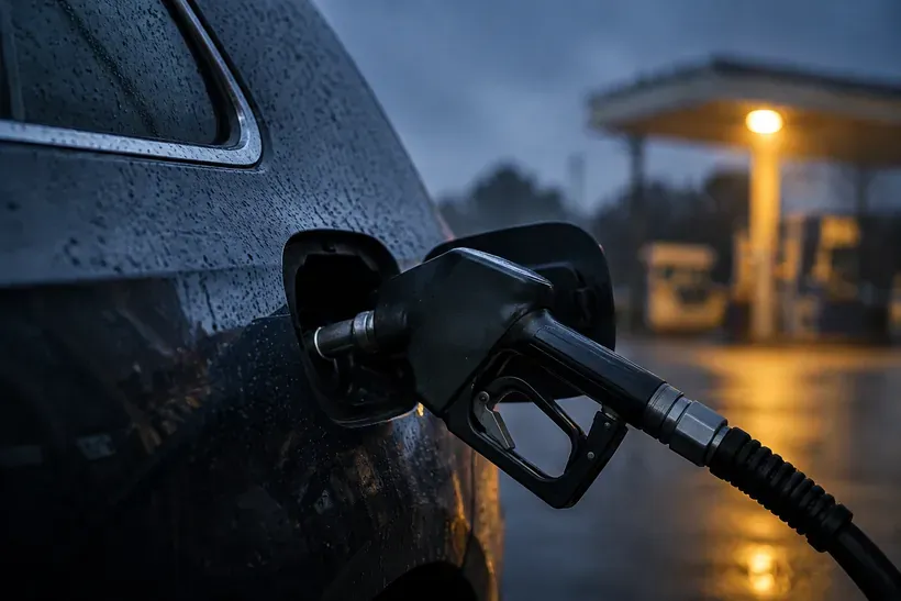 Pistolet de pompe à essence engagé dans le réservoir d'une voiture, station éclairée en arrière-plan