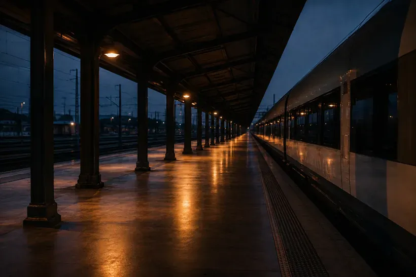 Quai de gare désert au crépuscule, un train à l'arrêt le long du quai sous la halle
